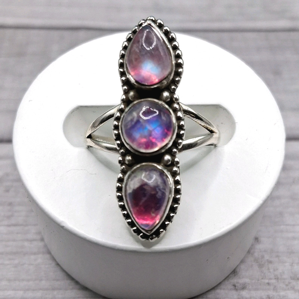 Pink Rainbow Moonstone Ring 3 Stone Size 7.5 Sterling Silver Southwestern Style